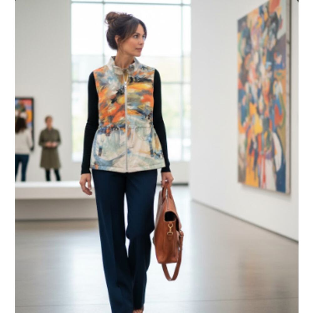 Kobi Halperin Abstract Watercolor Zip-Front Vest in Orange, Blue, Cream